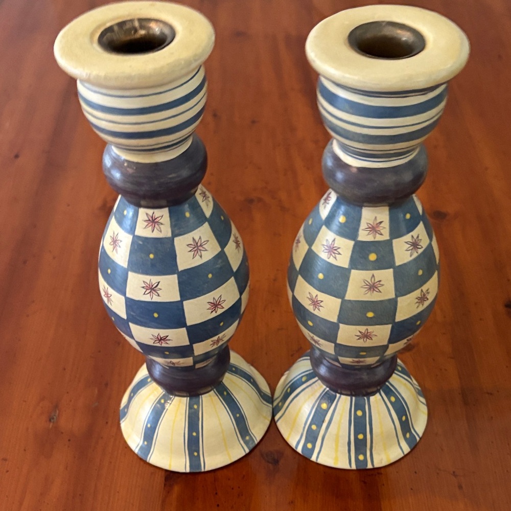 Handcrafted Blue and Cream Candlestick Holders